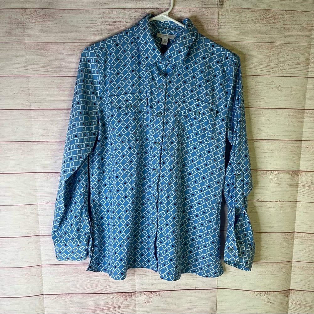 Charter Club 3/4 Sleeve Blue White Geometric Print Button Up Blouse Size 12P